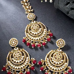 Peora Maroon Gold Plated Kundan Studded Chandbali Earrings & Maang Tika-image-5