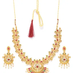 Zaveri Pearls Green & Pink Gold-Plated Stone-Studded & Beaded Jewellery Set-picture-12