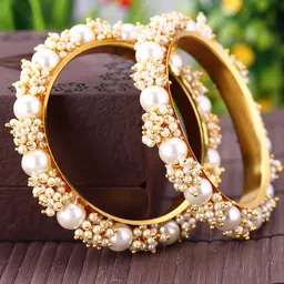Sukkhi Set Of 2 Gold-Plated & Off-White Pearl Beaded Antique Bangles-picture-24