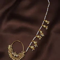 I Jewels Antique Gold-Plated & Green Studded & Beaded Chained Nose Ring-image-56