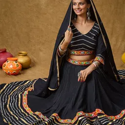 SALWAR STUDIO Embroidered Mirror Work Ready to Wear Lehenga & Blouse With Dupatta-image-18