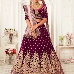 FABPIXEL Purple & Gold-Toned Embroidered Kalamkari Semi-Stitched Lehenga & Unstitched Blouse With Dupatta-picture-30