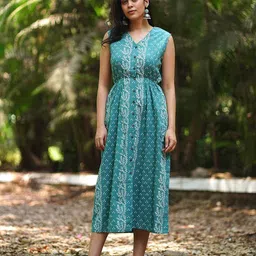 chidiyaa Chidyaa MMG Women Petunias Perfume Teal Green Block Printed Cotton Dress image 1
