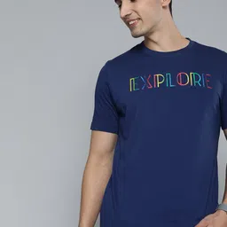 HERE&NOW Men Navy Blue Typography Printed Pure Cotton T-shirt-picture-30