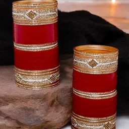 LUCKY JEWELLERY Gold-Toned & Maroon Kundan & CZ Stone-Studded Punjabi Chuda Bangle Set-picture-14