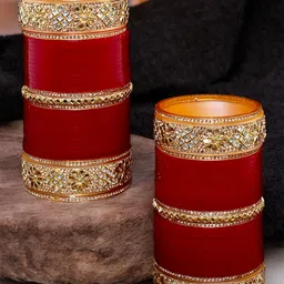 LUCKY JEWELLERY Gold-Toned & Maroon Kundan & CZ Stone-Studded Punjabi Chuda Bangle Set image 1