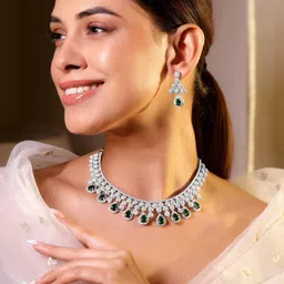 Rubans Rhodium-Plated Emerald Green & Cubic Zirconia Studded Necklace Set-picture-25