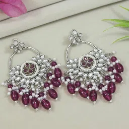 I Jewels Silver-Plated Contemporary Oxidised Kundan Studded & Pearls Chandbalis-picture-29