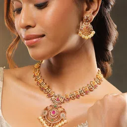 Rubans 24K Gold-Plated Ruby Emerald CZ & Pearl Beads Studded Lakshmi Temple Jewellery Set-picture-53