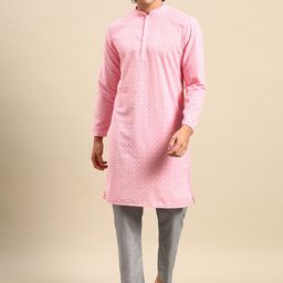 Anouk Men Pink Ethnic Motifs Embroidered Pure Cotton Kurta with Pyjamas-picture-0