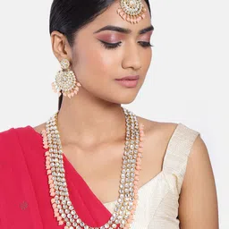 Peora Peach-Coloured & Gold-Plated Kundan Embellished Bridal Jewellery Set-image-5