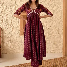 Libas V Neck Floral Printed Empire Pure Cotton A Line Kurta with Palazzo-picture-16