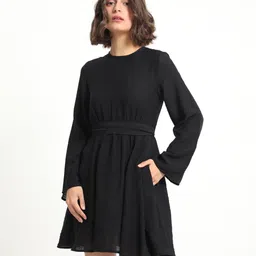 RAREISM Round Neck Flared Sleeves Gathered Fit & Flare Dress-picture-10