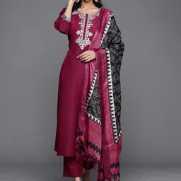 Varanga Women Magenta Yoke Design Kurta with Trousers & With Dupatta image 2