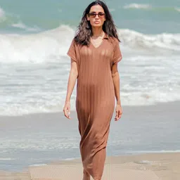 RAREISM Ribbed Shirt Collar Short Sleeves Cotton Maxi Dress-image-18