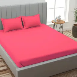 ROMEE Pink Solid 144 TC Queen Fitted Bedsheet with 2 Pillow Covers-image-11
