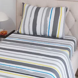 Layers Zen Grey & White Striped 225 TC Single Bedsheet with 1 Pillow Cover-image-34
