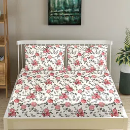 Trance Home Linen Coral & White Floral 180 TC Queen Bedsheet with 2 Pillow Covers-picture-24