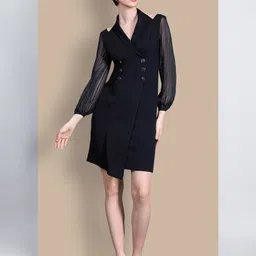 Chemistry Women Shawl Collar Bishop Sleeves Double Breasted Knee Length Work wear Dress-image-19