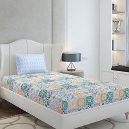 Monte Carlo White & Blue Ethnic Motifs Printed 144 TC Single Bedsheet Set 2.29 m x 1.52 m-picture-29