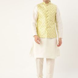SOJANYA Men Off-White & Lime Green Solid Kurta with Churidar & Nehru Jacket-picture-32