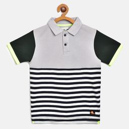 Cherry Crumble Boys Grey & Black Colourblocked Polo Collar T-shirt with Striped Detail-picture-26
