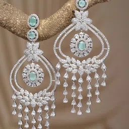 ZENEME Rhodium-Plated AD Studded Contemporary Drop Earrings-picture-22