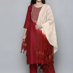 Kvsfab Women Maroon Embroidered Mirror Work Kurta with Trousers & Dupatta-picture-14