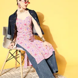 Berrylush Women Pink & Purple Floral Print Straight Kurta-image-54