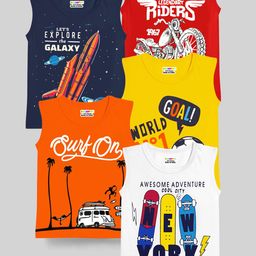 KUCHIPOO Boys Pack Of 5 Graphic Printed Sleeveless T-Shirts-picture-47