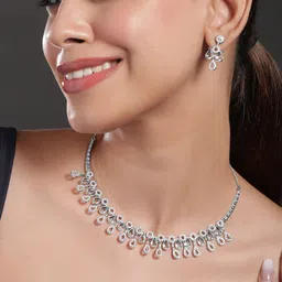Rubans Rhodium-Plated White Cubic Zirconia Studded Teardrop Necklace Set-picture-22