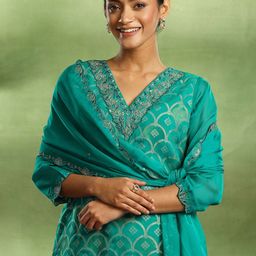Libas V-Neck Woven Design Zari Straight Kurta with Trouser & Dupatta-picture-35