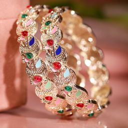 Rubans Set of 2 18K Gold-Plated Multicolor Enamel & Zirconia Stone Crescent Motif Bangles-picture-28
