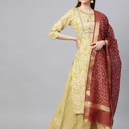 Yuris Women Mustard Yellow & Off-White Khari Print Cotton Kurta with Palazzos & Dupatta-picture-26