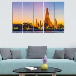 WENS Set of 5 Blue & Orange Wat Arun Temple Velvet Laminated Panelled Paintings-image-9