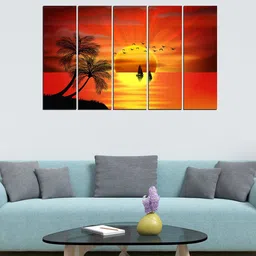 WENS Set of 5 Red & Black Beautiful Sunrise Velvet Laminated Panelled Paintings-image-8