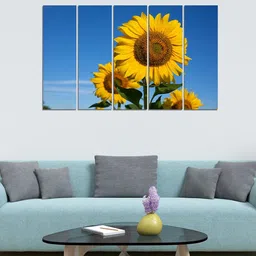 WENS Set of 5 Blue & Yellow Sunflower Bloom Velvet Laminated Panelled Wall Paintings-picture-14