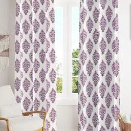 Trance Home Linen White & Mauve 2 Pcs Printed Room Darkening Pure Cotton Long Door Curtain image 1