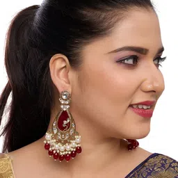 Rhymee Gold Plated Kundan Studded & Beaded Contemporary Drop Earrings-picture-20