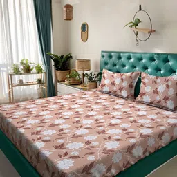 KLOTTHE Beige & White Printed Pure Cotton 400 TC Double King Bedsheet With 2 Pillow Covers-picture-32