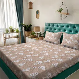 KLOTTHE Beige & White Printed Pure Cotton 400 TC Double King Bedsheet With 2 Pillow Covers-picture-33