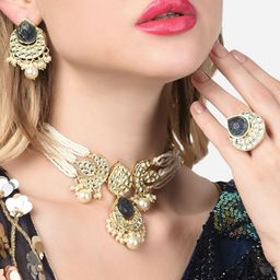 Zaveri Pearls Gold-Plated White & Grey Kundan-Studded & Pearl Beaded Meenakari Jewellery Set-picture-35