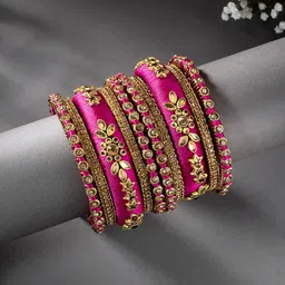 Peora Set of 10 Magenta Pink Handcrafted Silk Thread Kundan Studded Floral Chuda Bangles-image-70