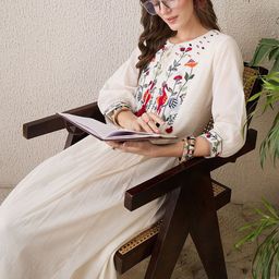Indo Era Floral Yoke Design Tie-Up Neck Thread Work Pure Cotton A-Line Kurta With Trouser-picture-43