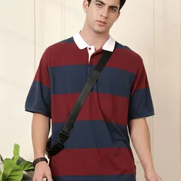 WROGN Striped Polo Collar Drop-Shoulder Sleeves Pure Cotton Oversized T-shirt-picture-35