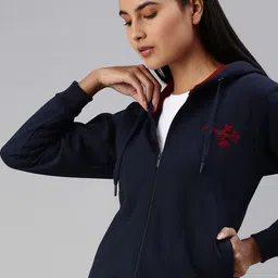 ADBUCKS Women Navy Blue & Red Embroidered Hooded Pure Cotton Sweatshirt-picture-20