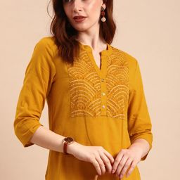 all about you Women Yellow Bandhani Yoke Design Pure Cotton Kurta-picture-1