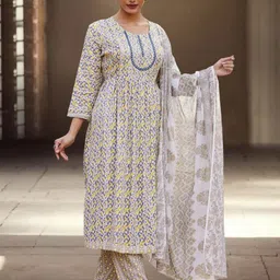Mokshielite Women Geometric Printed Regular Pure Cotton Kurta With Trousers & Dupatta-image-37
