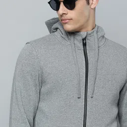 Skechers Men Grey Melange Solid Hooded Sweats Lounge Sherpa Sweatshirt-picture-0