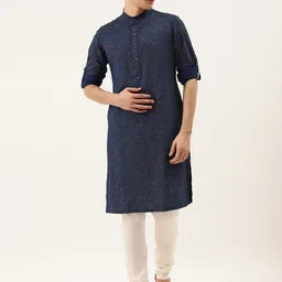 Manyavar Men Navy Blue & Mustard Yellow Floral Printed Kurta-picture-31